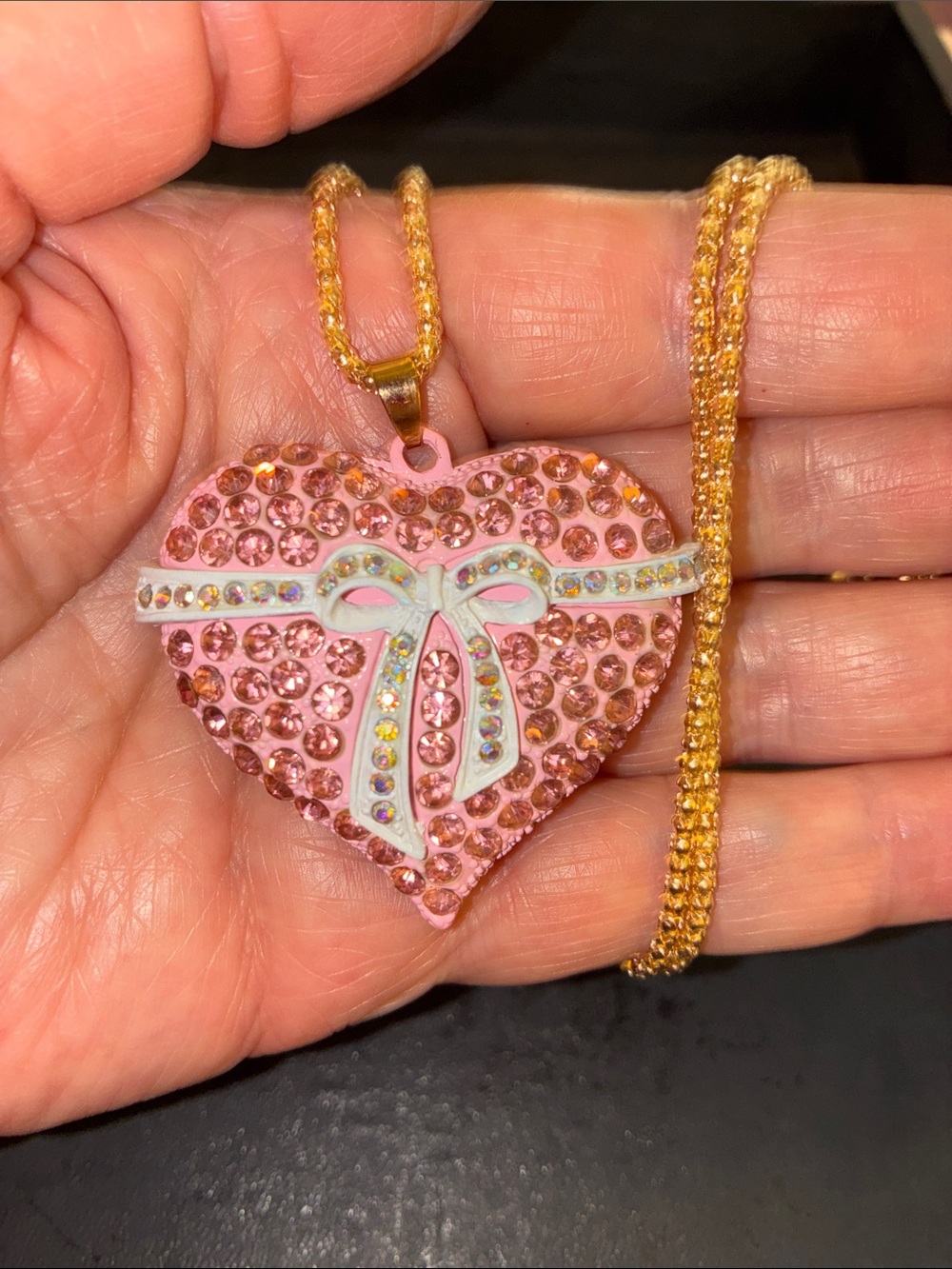Pink Crystal Heart Pendant Necklace with Bow Accent